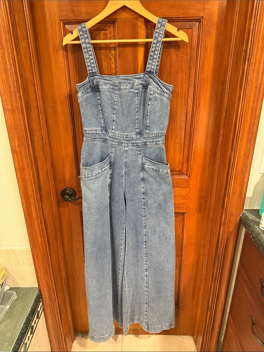 Forever 21 Light Wash Denim Wide Leg Jumpsuit